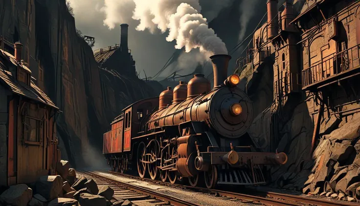 Steampunk style steam engine train, with clockwork gears and brass, moving through old industrial setting, with steam billowing out from chimney, going through a mountain pass, <lora:The_Pulp_Session:1> . Antique, mechanical, brass and copper tones, gears, intricate, detailed