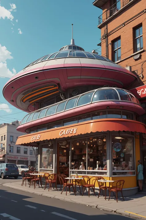 Realistic digital painting of a cafe by the side of the road, stylized to look like a flying saucer, inspired by Soviet sci-fi art and retro futurism, vibrant colors, intricate details, concept art. <lora:detailed_notrigger:1.2> <lora:th3rm4lXLP:0.8> th3rm4l, colorful, thermal <lora:JuggerCineXL2:0.8> Still, Film Still, Cinematic, Cinematic Shot, Cinematic Lighting