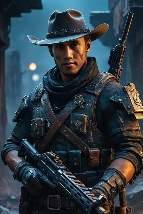 "1man, solo, detailed textures, fatal ruin background, LED,, closed mouth, cowboy shot, , holding epic otomatic machine gun:1,armor, explotion, ((LED body Armor:1)),leather body armor, semi robotic:1, ((NIGHT MODE)), , deep blue light eyes, fog:1, perfect ruin cyberpunk background, <lora:lora:1>