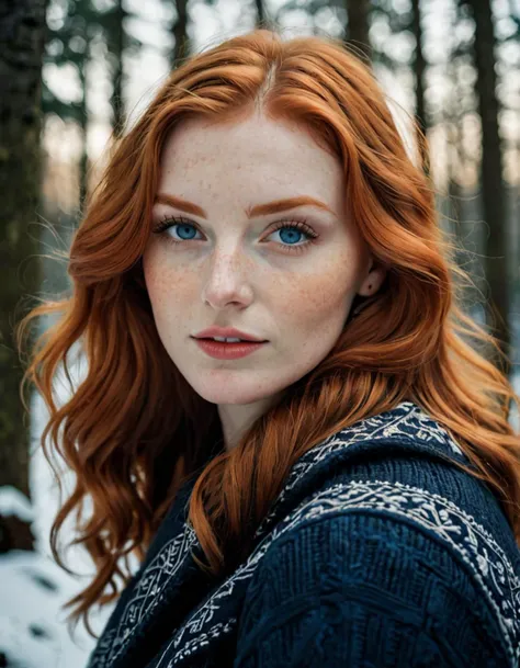 photograph RAW photo, close up of a European woman, ginger hair, deep blue eyes, beautiful face, seductive smirk, winter forest, windy, intricate details, soft light, exposure blend, HDR, 50mm . cinematic 4k epic detailed 4k epic detailed photograph shot on kodak detailed cinematic hbo dark moody, 35mm photo, grainy, vignette, vintage, Kodachrome, Lomography, stained, highly detailed, found footage, RAW photo, close up of a European woman, ginger hair, deep blue eyes, beautiful face, seductive smirk, winter forest, windy, intricate details, soft light, exposure blend, HDR, elegant, highly detailed, cinematic, rich colors, artistic, striking, mystical, scenic, contemporary, sharp focus, modern fine detail, professional, ambient dramatic background
