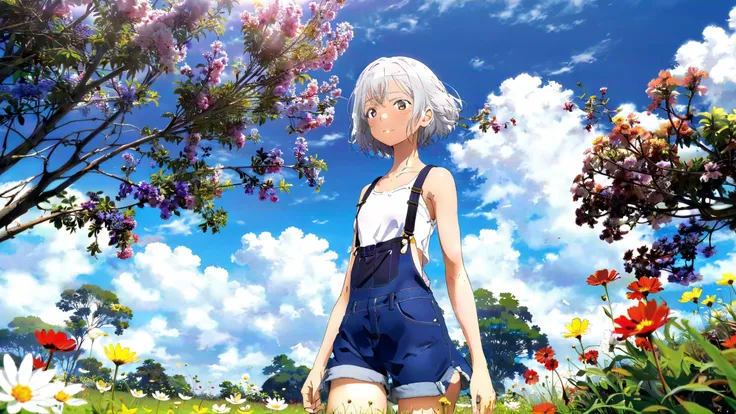 score_9,score_8_up,score_7_up,score_6_up,source_anime,<lora:MeMaXL_V3:1>,from side,solo,1girl,white hair,short hair,hair flower,dark-skinned female,brown eyes,beautiful_detailed_eyes,medium breasts,wide hips,light smile,naked overalls,bare shoulders,bare legs,bare arms,grass,flower,multicolored flowers,sweat,blue sky,cloudy sky,sun,looking back,tree,wind,