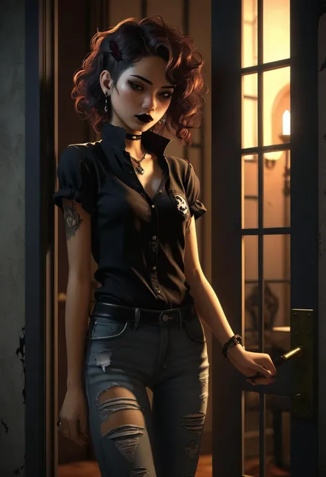 anime style Late evening, upscale modern condo, gothic 20-year-old Mexican woman with short wavy brunette hair stands provocatively in the doorway, rim lighting accentuates her petite, lean figure, natural porcelain skin. Excessive goth style makeup, heavy eye-liner, dark lipstick, Smoky eye shadow. Ripped jeans, black short sleeve top with mandarin collar, fishnet sleeves, medium-large breasts. Multiple ear piercings. Desire, excitement, determination, radiate from her hazel eyes. Style of Joao Ruas.