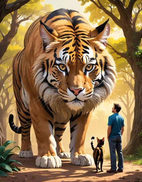 gigantic feline, standing by man,
