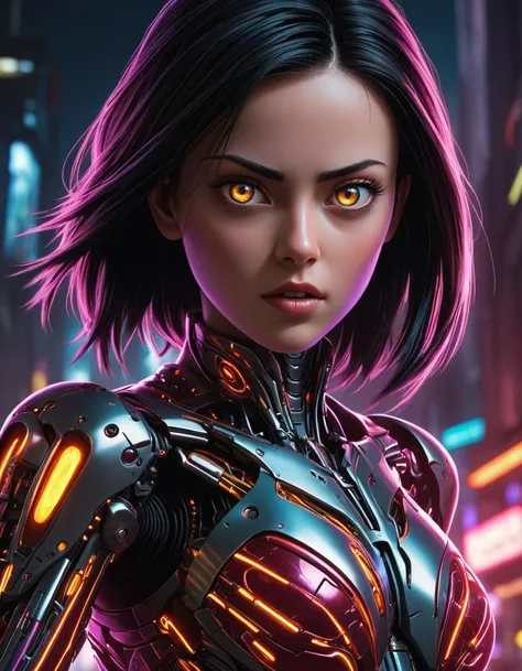 cybernetic robot breathtaking In this breathtaking world of Battle Angle at night, ral-ledlights Alita comes to life in a stunning adaptation. Running towards the viewer, she commands attention, revealing every curve and line of her lean athletic form. Her charming and determined expression. The neon lights that bathe her in a warm glow. She maintains the same cool composure that made her such an iconic character. High contrast, vibrant colors, embedding:, extremely large detailed eyes. The overall effect is a stunning image that captures the style of Chris Cold and Jason Edmiston, . android, AI, machine, metal, wires, tech, futuristic, highly detailed