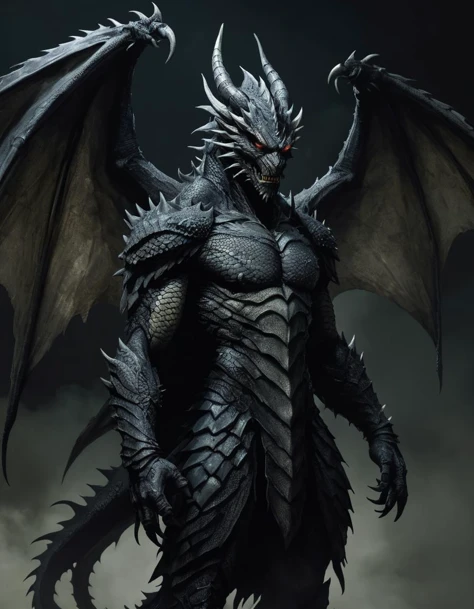 horror-themed a legendary human dragon hybrid, human head, dragon scale skin, dimly glowing dragon eyes, full body, full dragon wings, standing,  grimdark, creepy tale:1.15, at night, style of Guweiz, style of Simon Bisley, style of George B. Bridgman,
 . eerie, unsettling, dark, spooky, suspenseful, grim, highly detailed