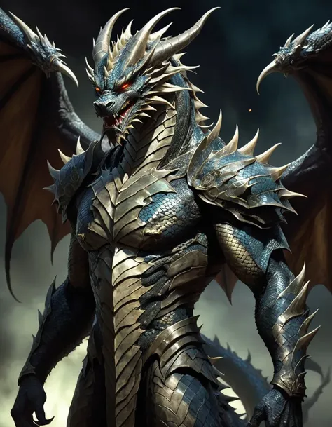 A legendary human dragon hybrid, bearing the face of a man yet covered in shimmering dragon scale skin. His dimly glowing eyes gleam with an otherworldly intelligence, and two great wings extend from his back, unfurling in readiness for flight. Standing tall he commands attention, inspiring awe and apprehension in equal measure. A grimdark atmosphere and the exquisitely detailed dragon features, capturing his stoicism and resolve. style of Guweiz, style of Simon Bisley, style of George B. Bridgman,