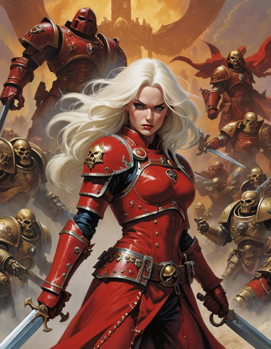 Positive prompt:
breathtaking Envision a graphic novel panel come to life, depicting a lone Sister of the Order of Our Martyred Lady in Warhammer 40k. Clad in crimson power armor, she is adorned with numerous purity seals and holy icons, her unwavering faith and martial prowess radiating from every line and edge. This imaginary painting seamlessly combines the artistic styles of Simon Bisley and Frank Frazetta, resulting in a stunning visual masterpiece. Short, platinum blonde hair frames her determined face as she charges forward, ready to defend humanity against insurmountable odds. Prepare to be swept away by the sheer magnitude of this 8K, highly detailed, intricate, and ultra-realistic work of art. . award-winning, professional, highly detailed