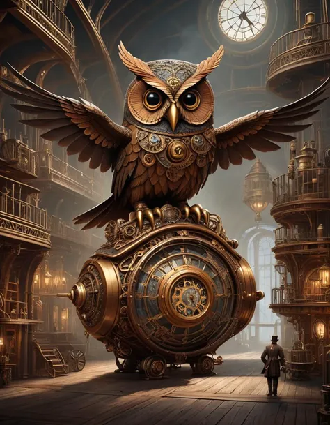 steampunk style Allow your imagination to take flight aboard a magnificent steampunk airship commanded by a seasoned, somewhat grizzled captain. Accompanying him is a diminutive yet ornate steampunk robot owl perched comfortably on his shoulder, serving as both companion and aid during their voyages. The airship rests majestically upon a steampunk-inspired landing pad, surrounded by an intricate web of polished brass pipelines that snake their way through the expansive hangar bay. Beyond the vessel, a vast dark nebula yawns open, teeming with infinite possibilities and harboring untold mysteries waiting to be explored. Skilled artists have masterfully rendered this captivating concept art in rich detail, utilizing software tools including Maya and ZBrush to produce a breathtaking 8K digital painting that is certain to impress connoisseurs of retro-futuristic aesthetics and captivate fans of Jules Verne-esque adventures. . antique, mechanical, brass and copper tones, gears, intricate, detailed