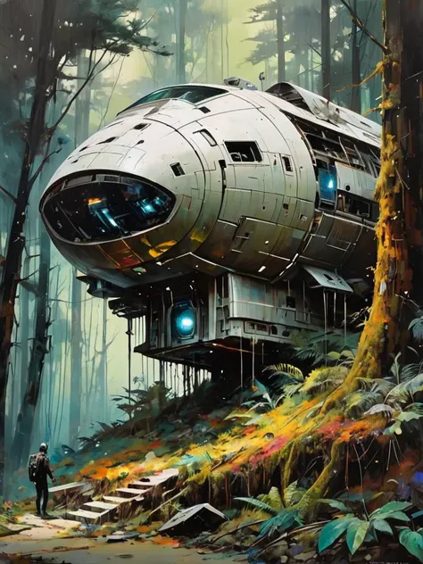 Capture an abandoned spaceship settled in a dense forest, blending Minjae Lee's distinctive styleâmarked by intense colors and dynamic, expressive strokes. Employ heavy, bold brushwork to depict the contrast between the technology's decay and the forest's vitality. Utilize Lee's vibrant palette to highlight the encroachment of nature, with vivid greens, deep browns, and the stark metallics of the spacecraft creating a compelling visual narrative. This oil painting should evoke a sense of both abandonment and natural reclaim, embodying the unique fusion of man-made and natural elements (style of Jeremy Mann:1.1)