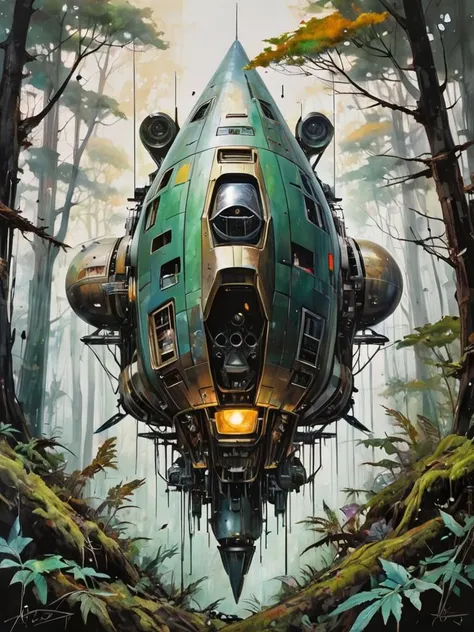Capture an abandoned spaceship settled in a dense forest, blending Minjae Lee's distinctive styleâmarked by intense colors and dynamic, expressive strokes. Employ heavy, bold brushwork to depict the contrast between the technology's decay and the forest's vitality. Utilize Lee's vibrant palette to highlight the encroachment of nature, with vivid greens, deep browns, and the stark metallics of the spacecraft creating a compelling visual narrative. This oil painting should evoke a sense of both abandonment and natural reclaim, embodying the unique fusion of man-made and natural elements style of Yoann Lossel