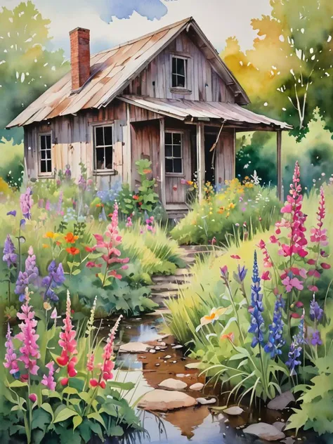 In this evocative watercolor scene, the abandoned shack is unexpectedly adorned with a wildflower garden, its untamed beauty encircling the structure like a vibrant embrace. The soft, watery hues of the flowersâranging from the delicate pinks of wild roses to the deep purples of lupinesâcreate a contrast against the shack's weathered grays and earthy browns. This garden, a riot of color amidst the greens of the surrounding wilderness, whispers stories of resilience and rebirth. The fluidity of watercolors perfectly captures the ephemeral nature of the blooms, with each petal and leaf blending seamlessly into the next, creating a dreamlike quality. Light washes of green suggest the lushness of the grass, interspersed with the vivid colors of the garden, while the nearby stream mirrors the sky's soft pastels. In this painting, the emphasis is on the juxtaposition of decay and growth, highlighting the beauty that thrives in abandonment, all rendered in the luminous, transparent layers that only watercolors can achieve