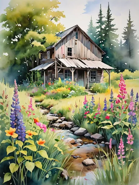 In this evocative watercolor scene, the abandoned shack is unexpectedly adorned with a wildflower garden, its untamed beauty encircling the structure like a vibrant embrace. The soft, watery hues of the flowersâranging from the delicate pinks of wild roses to the deep purples of lupinesâcreate a contrast against the shack's weathered grays and earthy browns. This garden, a riot of color amidst the greens of the surrounding wilderness, whispers stories of resilience and rebirth. The fluidity of watercolors perfectly captures the ephemeral nature of the blooms, with each petal and leaf blending seamlessly into the next, creating a dreamlike quality. Light washes of green suggest the lushness of the grass, interspersed with the vivid colors of the garden, while the nearby stream mirrors the sky's soft pastels. In this painting, the emphasis is on the juxtaposition of decay and growth, highlighting the beauty that thrives in abandonment, all rendered in the luminous, transparent layers that only watercolors can achieve