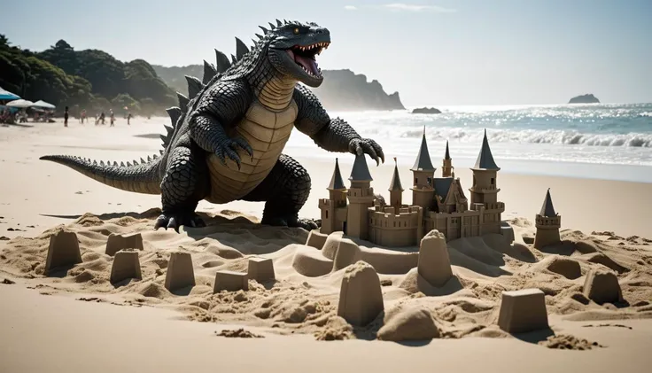 cinematic film still a picturesque public beach buzzing with activity until an unwelcome visitor arrives, a mischievous baby Godzilla, hell-bent on destroying elaborately constructed sandcastles erected lovingly by families enjoying a day at the beach. Drawing inspiration from iconic Japanese cinema, this impish iteration of the beloved monster brings whimsy and fun to the familiar narrative. style of Brian Kesinger, style of Stuart Immonen, style of Loish, . shallow depth of field, vignette, highly detailed, high budget, bokeh, cinemascope, moody, epic, gorgeous, film grain, grainy