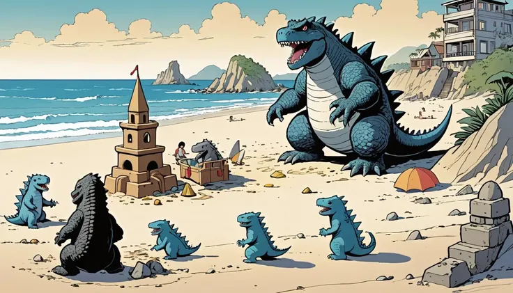 comic  a picturesque public beach buzzing with activity until an unwelcome visitor arrives, a mischievous baby Godzilla, hell-bent on destroying elaborately constructed sandcastles erected lovingly by families enjoying a day at the beach. Drawing inspiration from iconic Japanese cinema, this impish iteration of the beloved monster brings whimsy and fun to the familiar narrative. style of Brian Kesinger, style of Stuart Immonen, style of Loish, . graphic illustration, comic art, graphic novel art, vibrant, highly detailed