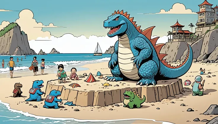 comic a picturesque public beach buzzing with activity until an unwelcome visitor arrives, a mischievous baby Godzilla, hell-bent on destroying elaborately constructed sandcastles erected lovingly by families enjoying a day at the beach. Drawing inspiration from iconic Japanese cinema, this impish iteration of the beloved monster brings whimsy and fun to the familiar narrative. style of Brian Kesinger, style of Stuart Immonen, style of Loish, . graphic illustration, comic art, graphic novel art, vibrant, highly detailed