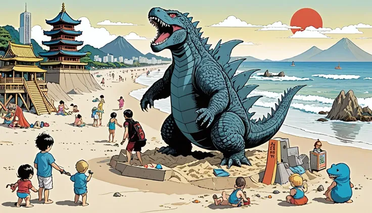 manga style a picturesque public beach buzzing with activity until an unwelcome visitor arrives, a mischievous baby Godzilla, hell-bent on destroying elaborately constructed sandcastles erected lovingly by families enjoying a day at the beach. Drawing inspiration from iconic Japanese cinema, this impish iteration of the beloved monster brings whimsy and fun to the familiar narrative. style of Brian Kesinger, style of Stuart Immonen, style of Loish, . vibrant, high-energy, detailed, iconic, Japanese comic style