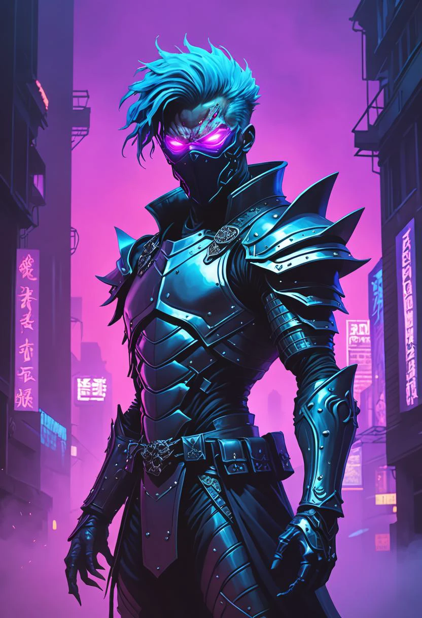 lovecraftian horror Intricate cybernetic ninja with a touch of urban-noir punk grit navigates through the twilight borderland of shimmering fog veiling a realm brimming with eldritch mysteries, bathed in neon splendor and gory shadows. Gui Zhongwei-esque armour clad body speaks volumes of masterful martial prowess tempered by arcane wisdom, while phantasmal spirits loiter around hinting at ominous forces cloaked in mist - in this surreal tapestry of chiaroscuro hues thrives an uncanny tale whispered amongst the art elite, soon to rule Artstation's ethos. . eldritch, cosmic horror, unknown, mysterious, surreal, highly detailed