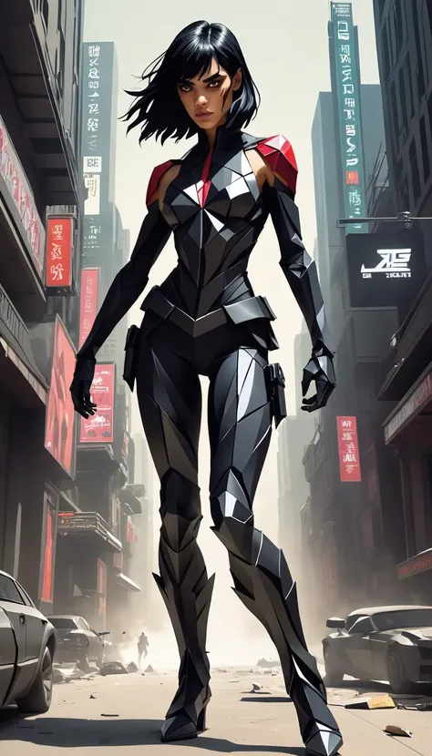 origami style Sofia Boutella as a biomechanical cyberpunk bounty hunter, her body enhanced with advanced technology and weaponry, tracks down dangerous criminals in a dystopian future, With her sleek black suit and dimly glowing red eyes, she strikes fear into the hearts of those who dare to cross her path. Armed with cutting-edge gadgets and a razor-sharp wit, she navigates the treacherous underworld of the city, always one step ahead of her prey, style of Benedick Bana and Shahab Alizadeh . paper art, pleated paper, folded, origami art, pleats, cut and fold, centered composition