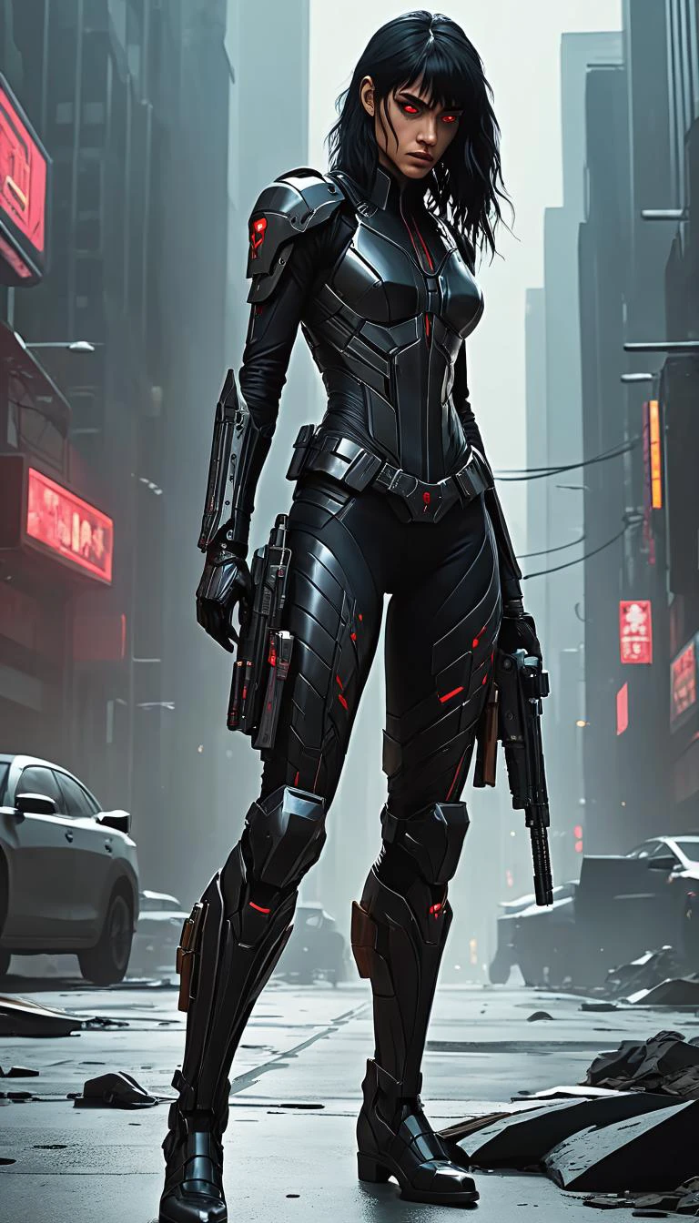 concept art Sofia Boutella as a biomechanical cyberpunk bounty hunter, her body enhanced with advanced technology and weaponry, tracks down dangerous criminals in a dystopian future, With her sleek black suit and dimly glowing red eyes, she strikes fear into the hearts of those who dare to cross her path. Armed with cutting-edge gadgets and a razor-sharp wit, she navigates the treacherous underworld of the city, always one step ahead of her prey, style of Benedick Bana and Shahab Alizadeh . digital artwork, illustrative, painterly, matte painting, highly detailed