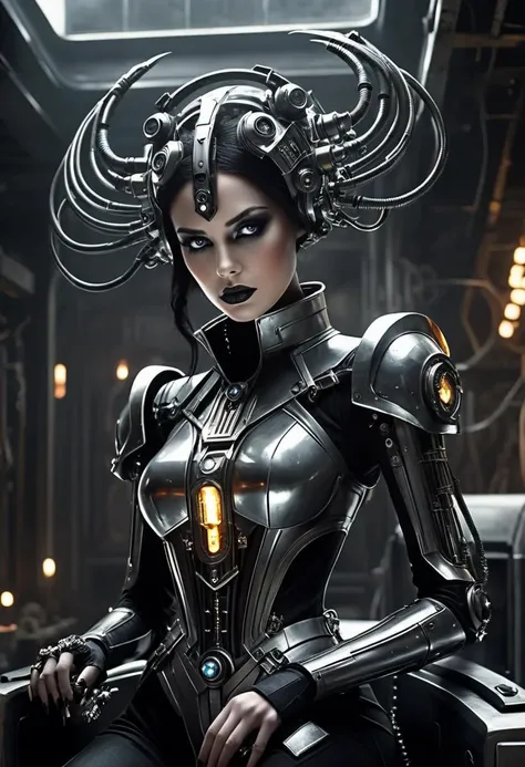 arafed woman with a futuristic look and hair style, movie still of a villain cyborg, bastien lecouffe - deharme, 120mm black and white photograph, circuitry, shot on anamorphic lenses, portrait featured on unsplash, luis royo and alex ebel, trending in cgsociety, ( ( ( ( ( warhammer 4 0 k --auto --s2
