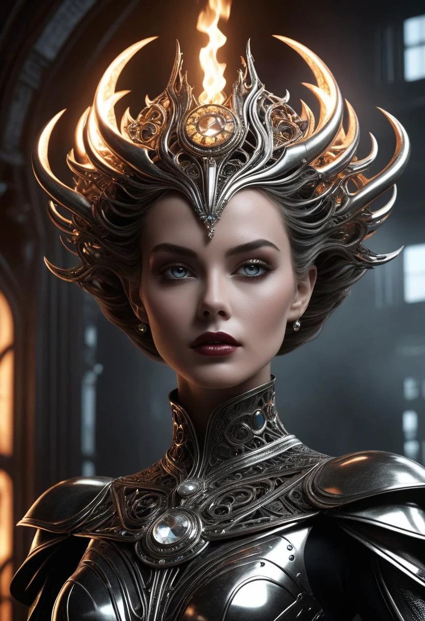 professional 3d model Unleash the enigma of darkness with a haunting presence, Our radiant heroine takes stage in retro-future garb amidst a mechanical universe cloaked in obscurity. Beneath somber shadows, her diamond facade gleams with intrigue - piercing grey iridescent eyes concealing secrets unseen while brows whisper tales of enigma. Retracted into the shadows and peeking cautiously from her workspace illuminated solely by artillery glow and crackling embers of nearing flames. As smoke curls about, eerie diodes whisper hypnotic tales of yesteryears' futuristic dreams - prophetic reminiscences of vintage cinematic wonderments. Welcome aboard; prepare for the ride. . octane render, highly detailed, volumetric, dramatic lighting