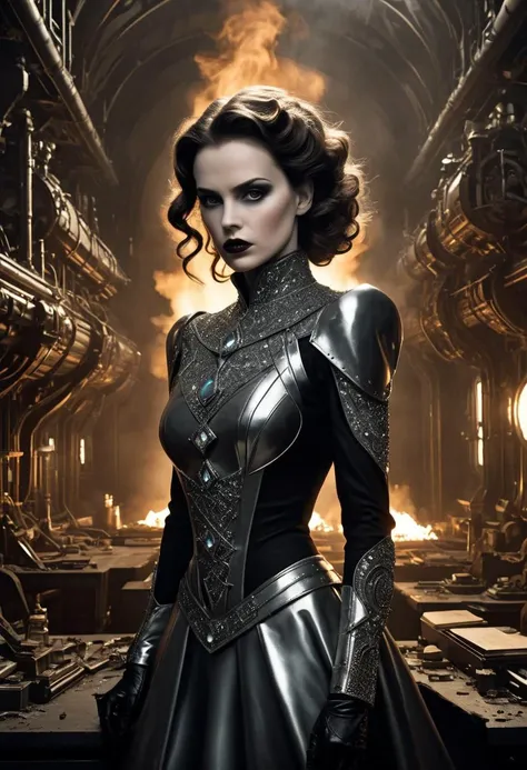 dystopian style Unleash the enigma of darkness with a haunting presence, Our radiant heroine takes stage in retro-future garb amidst a mechanical universe cloaked in obscurity. Beneath somber shadows, her diamond facade gleams with intrigue - piercing grey iridescent eyes concealing secrets unseen while brows whisper tales of enigma. Retracted into the shadows and peeking cautiously from her workspace illuminated solely by artillery glow and crackling embers of nearing flames. As smoke curls about, eerie diodes whisper hypnotic tales of yesteryears' futuristic dreams - prophetic reminiscences of vintage cinematic wonderments. Welcome aboard; prepare for the ride. . bleak, post-apocalyptic, somber, dramatic, highly detailed