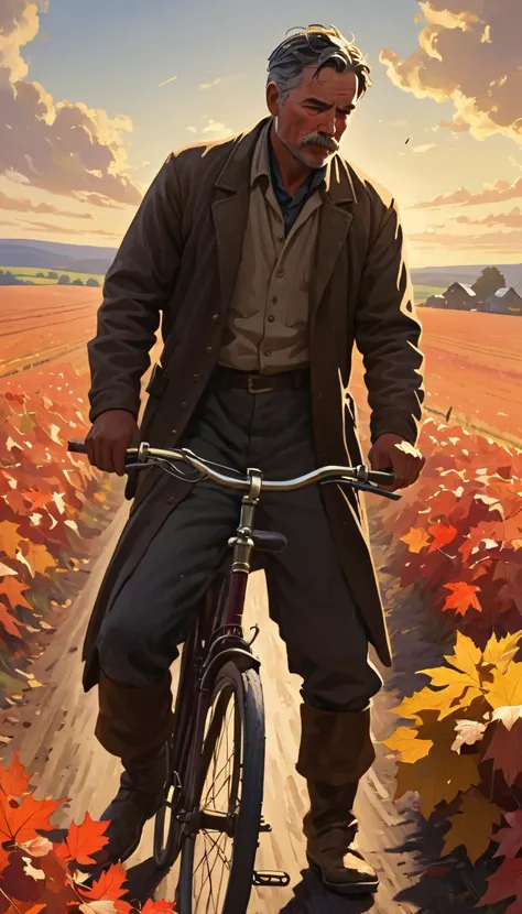 concept art Compose a moving portrait of a humble farmer pausing during his daily routine on a remote country road, silhouetted against a dramatically shifting autumnal sky. His weathered hands rest atop the handlebars of his trustworthy bicycle, laden with fresh produce harvested earlier that morning. Clusters of bronze and ruby leaves dance around him as they surrender to the relentless breeze, spiraling gracefully towards earth. Bathed in the golden hour's warm embrace, he gazes contemplatively into the distance, lost in quiet reflection. Skillfully apply thick layers of paint using broad, decisive brushstrokes to convey the tactile roughness of worn leather boots and well-worn tweeds. Balance the muted tonality of the foreground with explosive chroma bursts in the firmament, directing focus towards the central figure without sacrificing the surrounding panorama's allure. Through careful planning and disciplined technique, craft a deeply personal study of mankind's enduring relationship with the land. . digital artwork, illustrative, painterly, matte painting, highly detailed