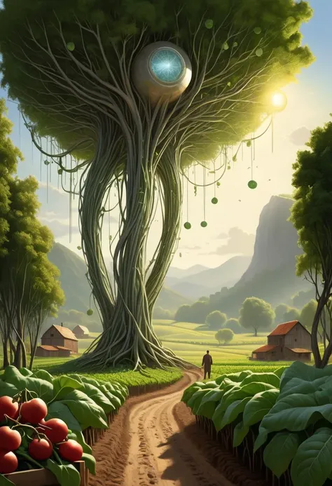 surrealist art Marvel at the fascinating fusion of humanity and machinery in this awe-inspiring depiction of a singular cybernetic individual tirelessly working the fertile land. Rooted firmly within the bucolic charm of a sprawling farmstead, observe as our hero utilizes their enhanced mechanical appendages to nurture tender shoots, demonstrating how seamlessly they have assimilated into the thriving ecosystem. Accompanying this industrious endeavor are diminutive automated helpers, diligently ferrying freshly harvested produce, contributing to the efficient operation of this techno-organic utopia. Celebrate the break of dawn with us, as early morning dewdrops glisten tantalizingly under the benevolent caress of the sun's initial golden rays, casting delicate, whisper-thin shadows betwixt blade and furrow. Cap off this visual symphony with the addition of a protective visor shielding our cherished protagonist from errant debris, serving as both practical safeguard and fashionable accessory. Prepare yourself for an unforgettable odyssey through time, space, and consciousness, brought vividly to life by the masterful hands of those who dare dream beyond the confines of mortality. . dreamlike, mysterious, provocative, symbolic, intricate, detailed