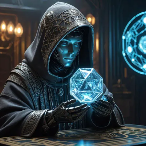 amazing quality, masterpiece, best quality, hyper detailed, ultra detailed, UHD, futuristic setting, sci-fi hooded robot fortune teller, gazing into a crystal dodecahedron