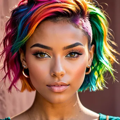 RAW photo,face close up, woman, 23 yo,(Mixed race race:1.3),shaded face,(high cheekbones:1.3),(sharp cheekbones:1.3), Rainbow (multiple vibrant colors) hair with a French twist hair cut, beautiful Copper eyes,8k uhd, dslr, soft lighting, high quality, film grain, Fujifilm XT3,<lora:epiCRealismHelper:0.8>