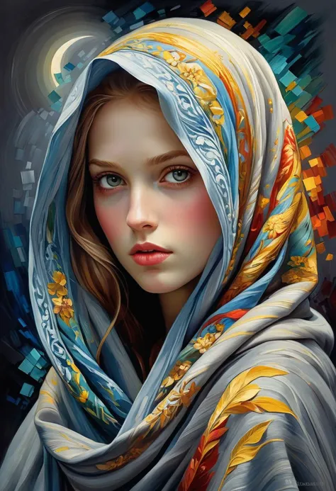 renaissance style Prepare to lose yourself in the mesmerizing world of a Slavic-style portrait, where visible brushstrokes breathe life into an evocative depiction of a young woman draped in a somber gray shawl. As she contemplates her surroundings beneath the cover of a moonlit night, the play of shadow and light creates an enchanting chiaroscuro effect reminiscent of Impressionist masters such as Van Gogh, Aric Brauer, and Georges Mathieu, infused with the whimsical surrealism of Archan Nair. Employing traditional oil painting techniques alongside cutting-edge digital airbrushing, this semi-abstract piece transcends conventional categorization, merging figurative art with exquisitely detailed abstractions. Collaged components add depth and allure, while delicate variations in tonality weave together a tapestry of intricate patterns and unusual beautiful details. Each square inch bursts forth with vibrant colors and masterful highlights, casting ethereal impressions upon the mind's eye. Illuminated by impressionistic lighting effects, these luminescent touches elevate the work to new heights of visual splendor. Witness the creation of a timeless masterpiece imbued with extraordinary finesse, crafted to inspire admiration and spark curiosity â all presented in sumptuous high definition. . realistic, perspective, light and shadow, religious or mythological themes, highly detailed