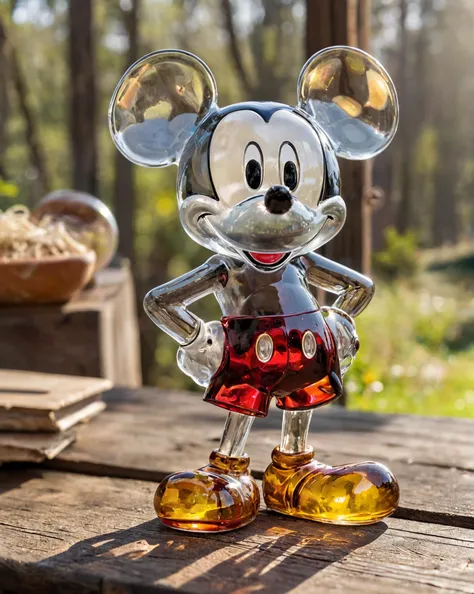 low angle view, close up shot of a cartoon mickey mouse glass sculpture, on a rustic wooden table.
translucent, transparent, frosted, colored.
sunlight. nice environment. nature.
realistic. miniature short, high details, vibrant color, intricate details
subject is centered in the camera.
<lora:sdxl_glass:1> translucent, transparent