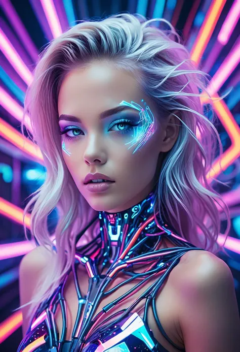 cybernetic style Ultimate fusion of technology and allure, Cosmic Cyber Warrior. Embodying the creative genius of Jovana Rikalo, Brandon Woelfel, and Ross Tran, spectacular cosmic landscapes fraught with otherworldly conflict. Shimmering cables course beneath her translucent epidermis, connecting to powerful vertebrae that support a resplendent skull adorned with cascading neon undercut locks. Mysterious constellations twinkle ominously overhead, casting eerie shadows on the ground below. This masterpiece encapsulates the quintessential essence of science fiction, presenting a highly detailed exploration of extraterrestrial themes guaranteed to captivate audiences worldwide. . futuristic, technological, cybernetic enhancements, robotics, artificial intelligence themes
