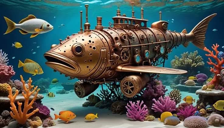 A steampunk style vibrant undersea reef. Imagine a fish-shaped submarine crafted from aged brass and copper, adorned with intricate gears turning in synchronized harmony. Schools of saltwater fish in every imaginable color dart among towering coral formations, their scales shimmering like jewels against the backdrop of a vast ocean expanse. Renowned artists Todd McFarlane and Artgerm bring this fantastical scenario to life with their signature styles, combining antique mechanics with aquatic marvels in a symphony of visual storytelling. Utilizing the rule of thirds, they achieve an incredible balance of proportion and symmetry, amplified by extraordinarily high-resolution details and sharply focused textures. Photographic realism pushes the limits of digital art, rendering each element with such fine precision that it becomes incredibly lifelike. This masterpiece transcends genre boundaries, captivating viewers with its innovative concept and superb execution.