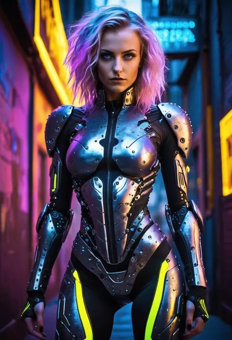 grunge style Future of cyberpunk technology: a young Ukrainian cyborg woman, engineered with unrivaled precision and powered by revolutionary nanopunk advancements. Her metallic limbs glisten under neon lights, blending seamlessly into her organic form, flat stomach, petite athletic. Augmented eyes flash with dimly glowing programmable irises, reflecting the chaotic energy of the urban jungle around her. Her sleek bodysuit is embedded with countless nanobots, constantly monitoring her vitals and adjusting her capabilities according to her needs. Despite the cold exterior, her expression exudes determination and resilience, embodying the spirit of progress and adaptation in a rapidly changing world. . textured, distressed, vintage, edgy, punk rock vibe, dirty, noisy,