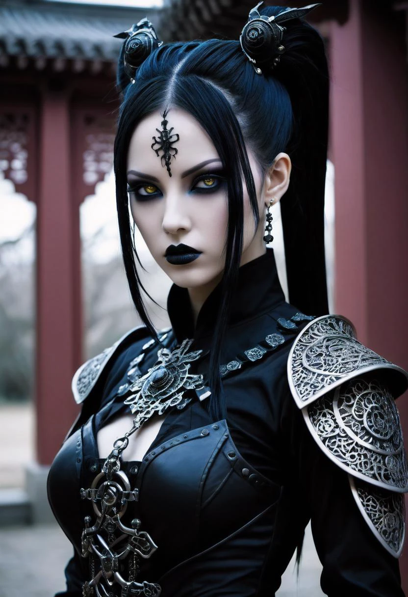 gothic style As night falls, a cybergoth shadow assassin lurks in the ancient Chinese courtyard, her every move calculated and deliberate. Her integrated systems gleam a soft neon glow under the dim light, a stark contrast to her dark attire. Mapinguari DNA courses through her veins, granting her superior strength and agility. With a cautious, threatening expression, she assesses her surroundings, aware of the slightest noise that could alert potential prey or enemies. Her eyes seem to glow with an eerie light, revealing nothing but a calculating stare. A true cybergoth at heart, she revels in the challenge of operating silently in the shadows, waiting patiently to strike when least expected. . dark, mysterious, haunting, dramatic, ornate, detailed,