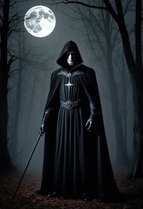 macabre style Amidst the shadows of a hauntingly eerie forest bathed in moonlight, a gothic vampiric sorcerer stands ready for combat. Clad in dark robes, it exudes power and mystery as its eyes gleam eerily beneath the silvery crescent moon. Rim light accentuates the regal posture, casting long shadows that hint at untamed ferocity lying dormant yet potent. style of Agostino Arrivabene, style of Wayne Barlowe, style of Enki Bilal, . dark, gothic, grim, haunting, highly detailed,