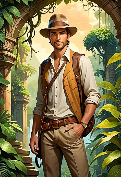 ethereal fantasy concept art of In the heart of a dense tropical wilderness, a daring treasure hunter navigates crumbling ruins draped in vines, clad in vintage swing era finery. With fedora tipped low over his brow and satchel slung over his shoulder, he peers intently at age-worn carvings seeking hidden treasures under soft sunlight filtering through foliage. Nature meets nostalgia in this thrilling adventure! . magnificent, celestial, ethereal, painterly, epic, majestic, magical, fantasy art, cover art, dreamy,