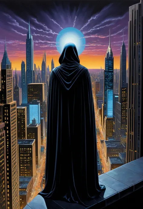 metropolis-themed Perched upon battlements of an ancient stone fortress veiled in darkness, a brooding figure cloaked in renaissance gothic splendor wields arcane powers. As twilight casts its ethereal glow upon weathered stones and turrets, our enigmatic hero awaits unseen perils with stoic resolve. Renaissance elegance intertwines with mystique in this tale of timeless struggle between magic and mayhem. style of George B. Bridgman, style of Jack Davis, style of Glenn Fabry, . urban, cityscape, skyscrapers, modern, futuristic, highly detailed,