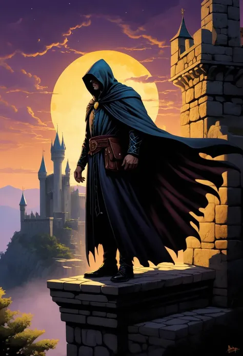 concept art Perched upon battlements of an ancient stone fortress veiled in darkness, a brooding figure cloaked in renaissance gothic splendor wields arcane powers. As twilight casts its ethereal glow upon weathered stones and turrets, our enigmatic hero awaits unseen perils with stoic resolve. Renaissance elegance intertwines with mystique in this tale of timeless struggle between magic and mayhem. style of George B. Bridgman, style of Jack Davis, style of Glenn Fabry, . digital artwork, illustrative, painterly, matte painting, highly detailed,