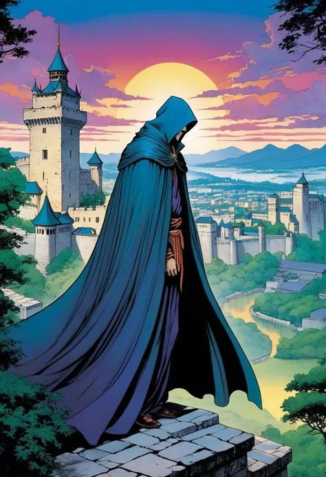 manga style Perched upon battlements of an ancient stone fortress veiled in darkness, a brooding figure cloaked in renaissance gothic splendor wields arcane powers. As twilight casts its ethereal glow upon weathered stones and turrets, our enigmatic hero awaits unseen perils with stoic resolve. Renaissance elegance intertwines with mystique in this tale of timeless struggle between magic and mayhem. style of George B. Bridgman, style of Jack Davis, style of Glenn Fabry, . vibrant, high-energy, detailed, iconic, Japanese comic style,