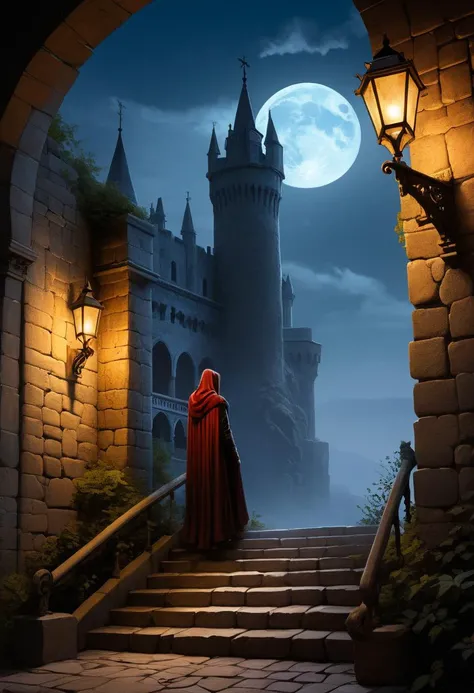 concept art Perched upon battlements of an ancient stone fortress veiled in darkness, a brooding figure cloaked in renaissance gothic splendor wields arcane powers. As twilight casts its ethereal glow upon weathered stones and turrets, our enigmatic hero awaits unseen perils with stoic resolve. Renaissance elegance intertwines with mystique in this tale of timeless struggle between magic and mayhem. style of George B. Bridgman, style of Jack Davis, style of Glenn Fabry, . digital artwork, illustrative, painterly, matte painting, highly detailed,