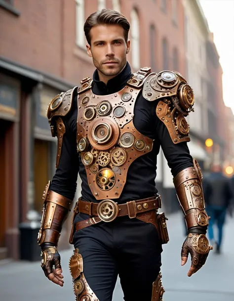 steampunk style a mesmerizing person, clad in shimmering Decopunk tactical gear that shifts hues and patterns, biomechanics limbs, late at night on a retro street, . antique, mechanical, brass and copper tones, gears, intricate, detailed,