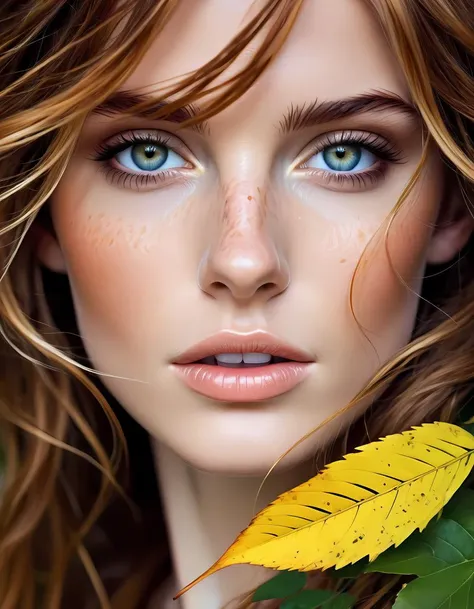 manga style portrait of a unique breathtaking and beautiful woman face close-up, stunning detail, hyper detailed eyes, detailed skin with a flawless texture delicate and refined, smooth hair elegantly draped around her neck, subtle freckles on her nose, fullness of her lips, covered with leafs, captured in masterful composition, lighting accentuate her natural beauty, gentle shadows and highlights, incredible skill and attention to detail, nuance and detail, supersharp focus, Carne Griffiths, Conrad Roset, annie leibovitz, hyperdetailed, soft light, sharp, Hasselblad masterclass, . vibrant, high-energy, detailed, iconic, Japanese comic style,