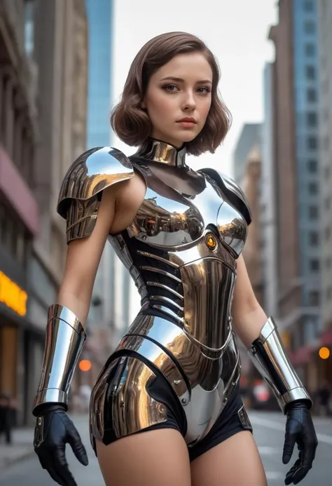 highly realistic, masterpiece, absurdres, intricate, highly detailed, photo of A young woman with chin-length brown hair, wearing a chrome mechanical exoskeleton, stands in a city street. The city is in the style of art deco, with tall buildings, geometric shapes, and bright colors. The woman is wearing a black dress and high heels. The exoskeleton covers her entire body and is made of shiny chrome. It has a helmet with a visor, a breastplate, and leg armor.  She has a look of determination on her face. style of Fritz Lang, Metropolis, high quality photography, 3 point lighting, flash with softbox, 32k, Canon EOS R3, hdr, smooth, sharp focus, high resolution, award winning photo, 80mm, f2.8, bokeh