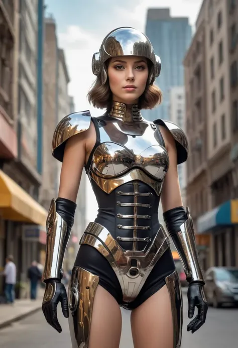 highly realistic, masterpiece, absurdres, intricate, highly detailed, photo of A young woman with chin-length brown hair, wearing a chrome mechanical exoskeleton, stands in a city street. The city is in the style of art deco, with tall buildings, geometric shapes, and bright colors. The woman is wearing a black dress and high heels. The exoskeleton covers her entire body and is made of shiny chrome. It has a helmet with a visor, a breastplate, and leg armor.  She has a look of determination on her face. style of Fritz Lang, Metropolis, high quality photography, 3 point lighting, flash with softbox, 32k, Canon EOS R3, hdr, smooth, sharp focus, high resolution, award winning photo, 80mm, f2.8, bokeh