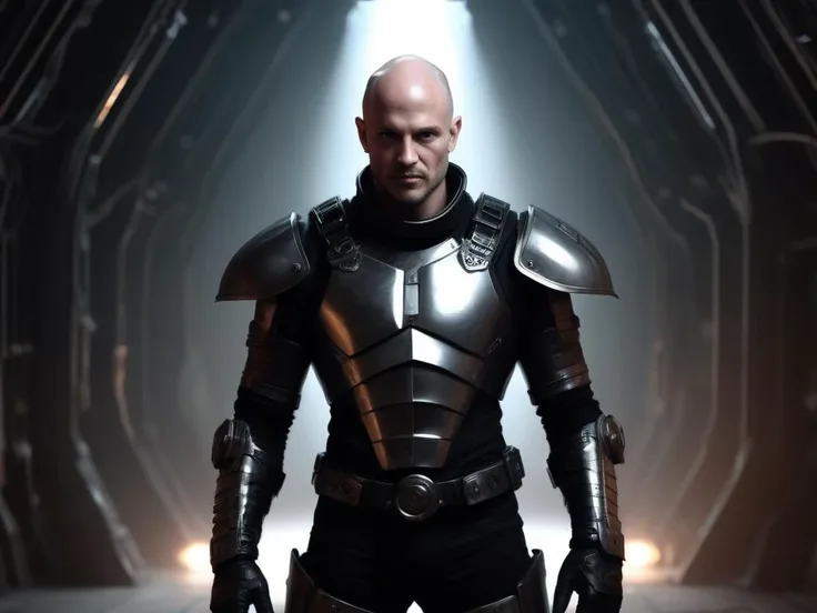 Casey Baugh's evocative style, decopunk theme, 1man, solo, man wearing all black leather covered in shiny armor of a decpunk, walking towards the viewer, looking at viewer, bald, scarred, growling, eyeliner, face paint, (wearing shiny silver armor), leather boots, muscular, ((dark)) Deep dark spaceship doorway, (Fantasy), (Glowing), (low key lighting), (selective focus), (long wide angle shot), Digital manipulation technique, 3d masterpiece, (masterpiece, best quality, hires, high resolution:1.2), (long wide angle shot), (cinematic lighting, perfect lighting), (background dark spacship:1.2), fading light, detailed face, digital painting, smooth soft skin, beautiful eyes, combination of realism and abstraction,