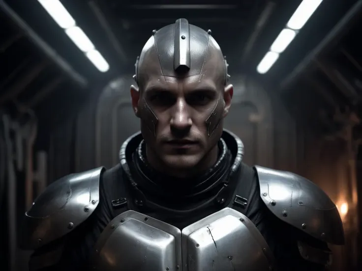Casey Baugh's evocative style, decopunk theme, 1man, solo, man wearing all black leather covered in shiny armor of a decpunk, walking towards the viewer, looking at viewer, bald, scarred, growling, eyeliner, face paint, (wearing shiny silver armor), leather boots, muscular, ((dark)) Deep dark spaceship doorway, (Fantasy), (Glowing), (low key lighting), (selective focus), (long wide angle shot), Digital manipulation technique, 3d masterpiece, (masterpiece, best quality, hires, high resolution:1.2), (long wide angle shot), (cinematic lighting, perfect lighting), (background dark spacship:1.2), fading light, detailed face, digital painting, smooth soft skin, beautiful eyes, combination of realism and abstraction,
