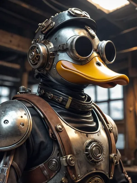 [Dieselpunk|Steampunk]atmosphere,robotic arm,electroplated metal,boy,War maniac,(duck mask),realistic style,4K texture,cinematic,