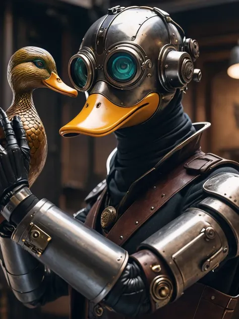 [Dieselpunk|Steampunk]atmosphere,robotic arm,electroplated metal,boy,War maniac,(duck mask),realistic style,4K texture,cinematic,